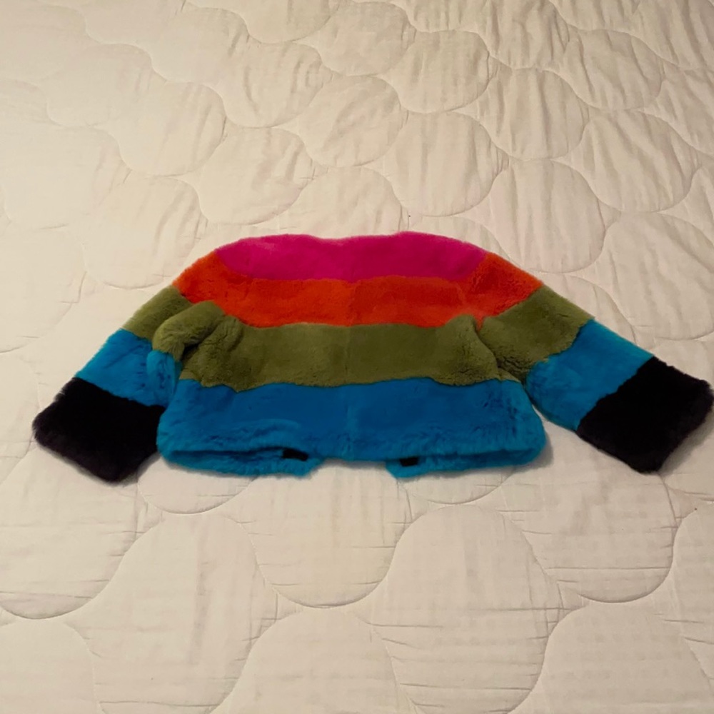 Brand new never worn Barney’s Rainbow Rabit Fur jacket 🌈